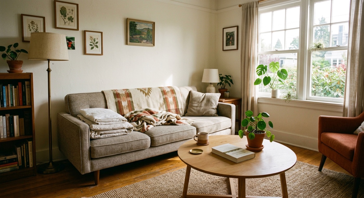 A small, intentional living room with a low sofa and afternoon light