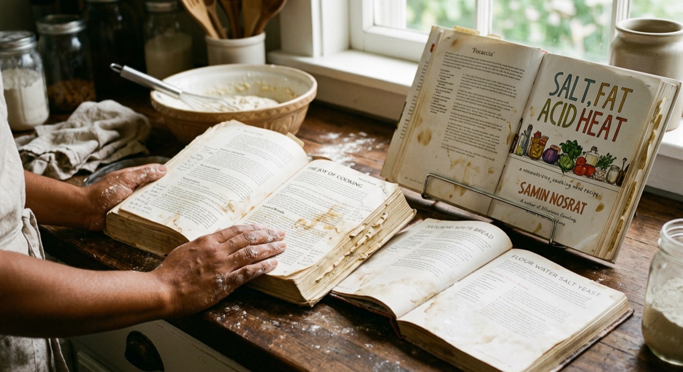 Three cookbooks open on a kitchen counter with flour-dusted warm brown hands in natural light