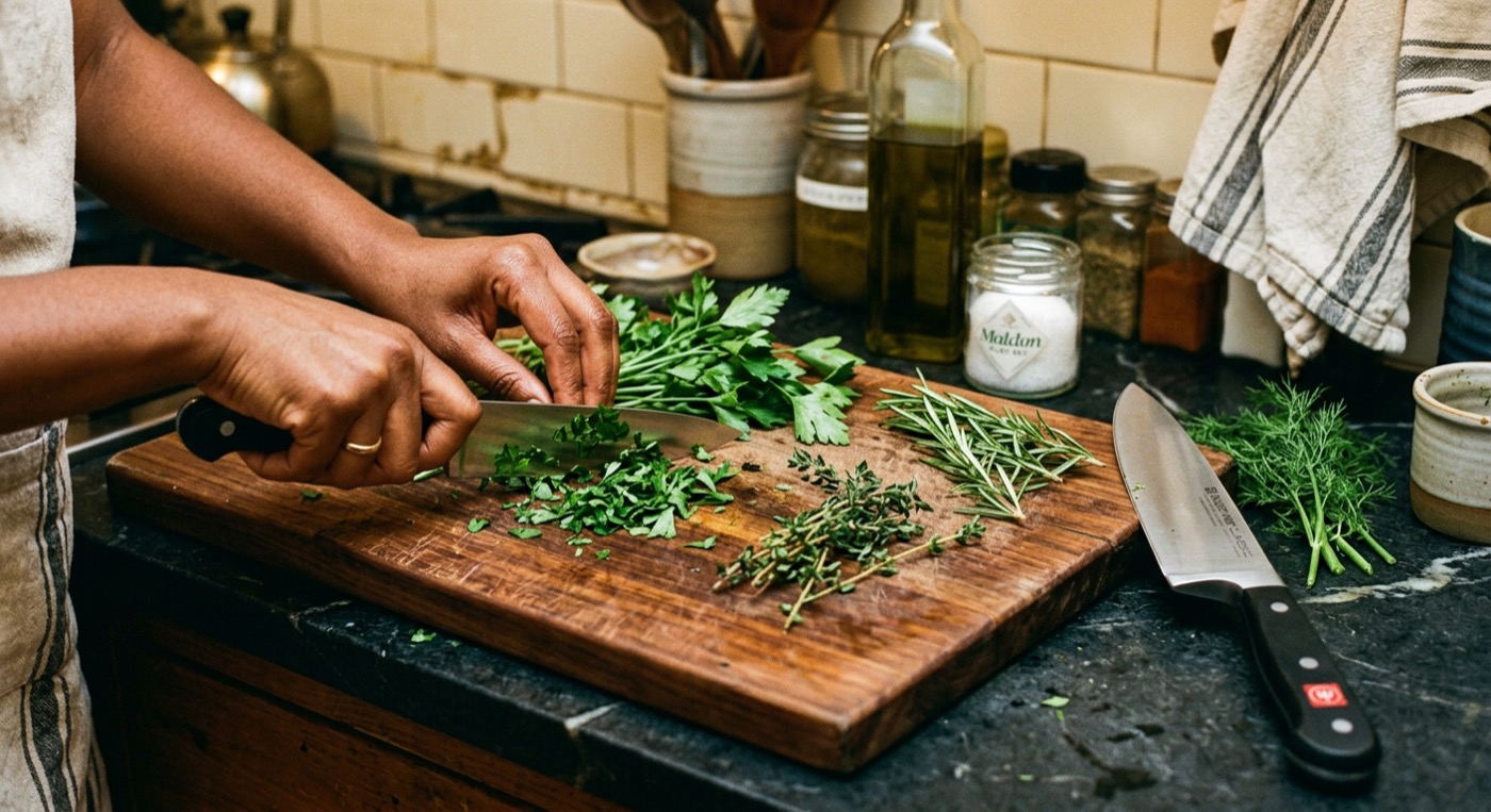 A wooden cutting board with fresh herbs and a knife beside it