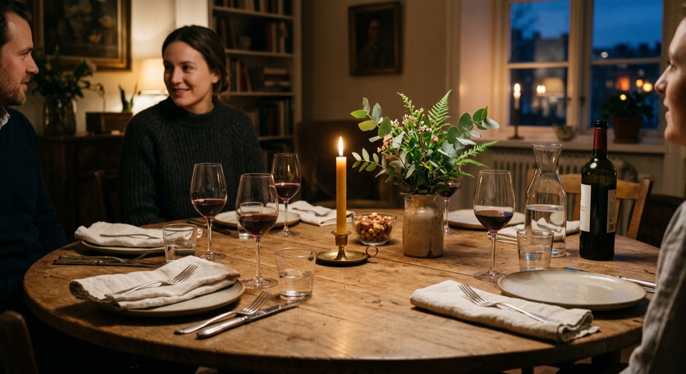A dinner table set with linen napkins, wine glasses, a candle, and evening light