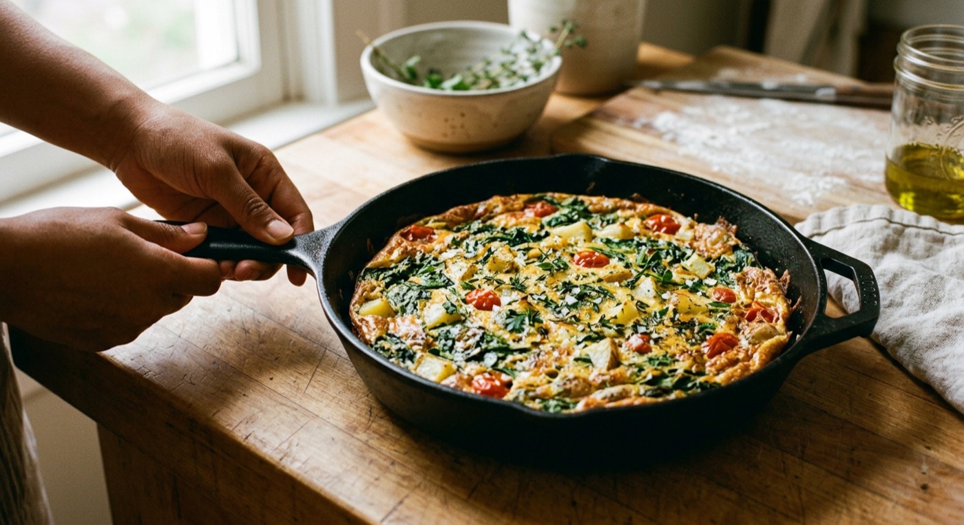 Cast iron pan on a kitchen counter with warm brown hands and natural light