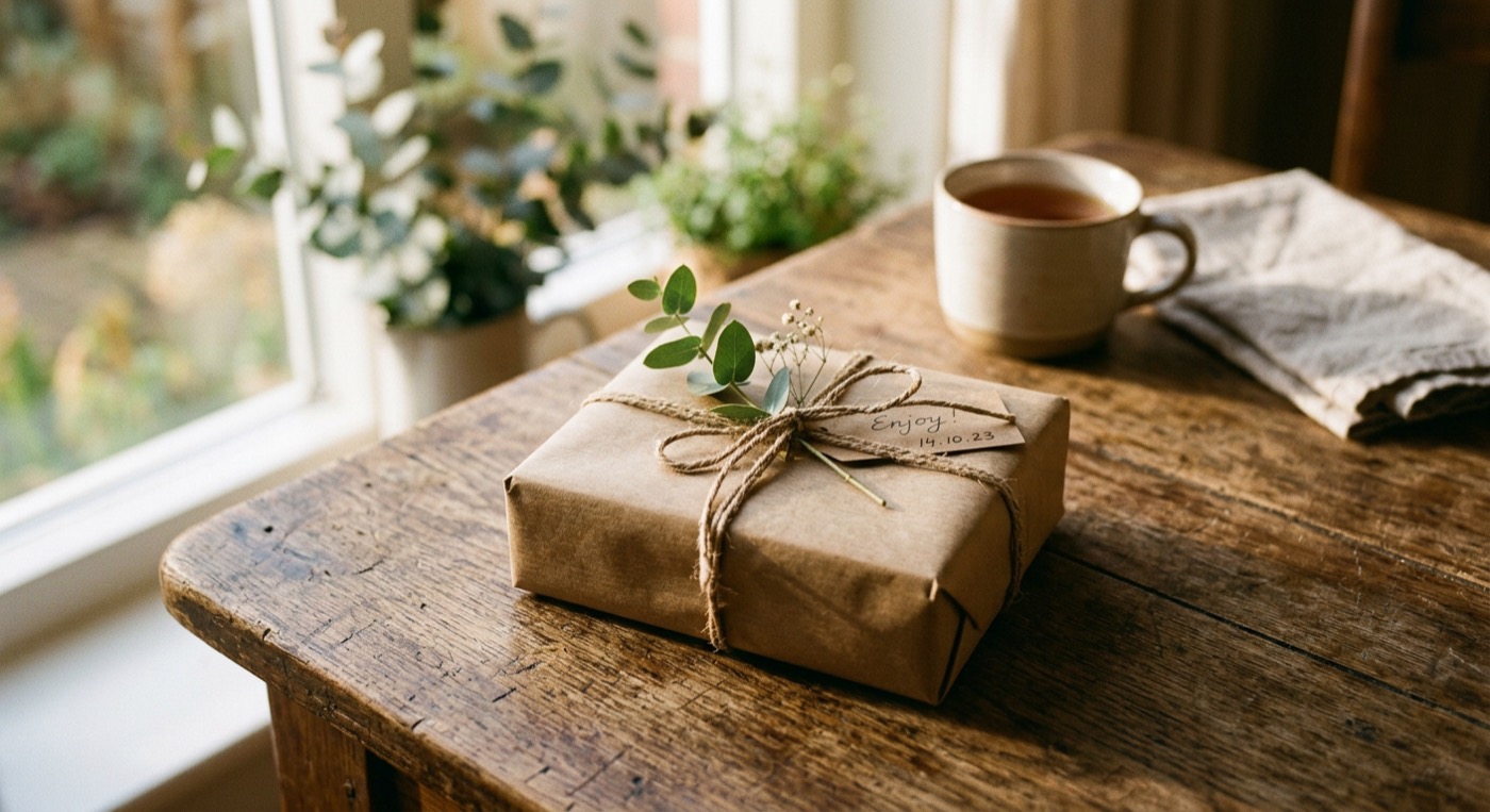 A beautifully wrapped gift on a wooden table with brown craft paper and eucalyptus