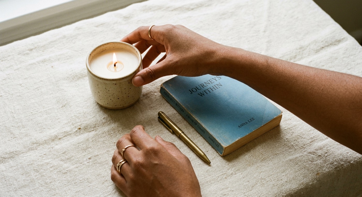 Overhead shot of small gift items on cream linen with warm brown hands