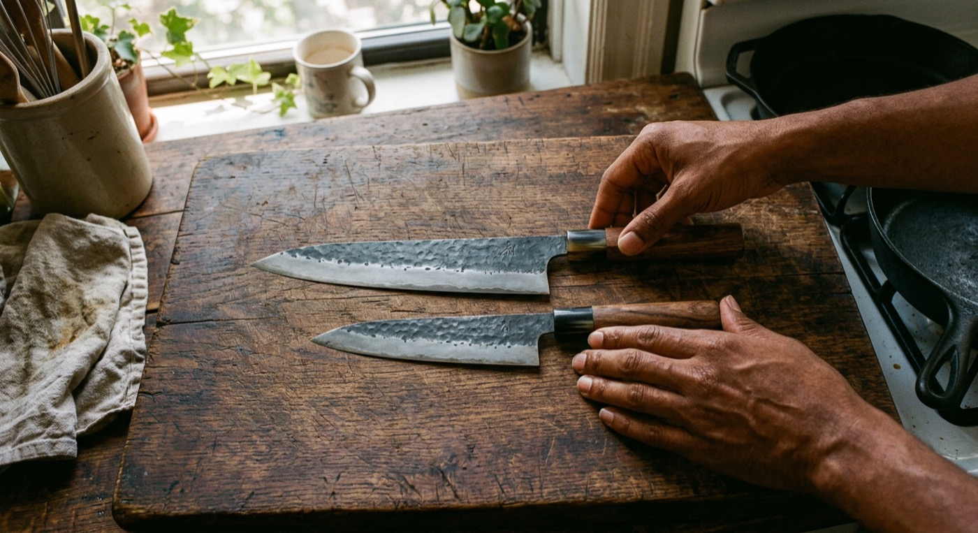 Two Japanese kitchen knives on a dark wooden table
