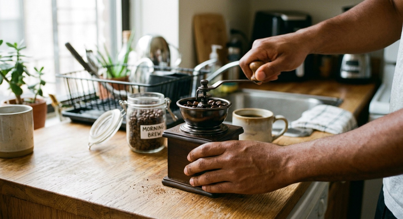 Warm brown hands turning a hand coffee grinder in morning light