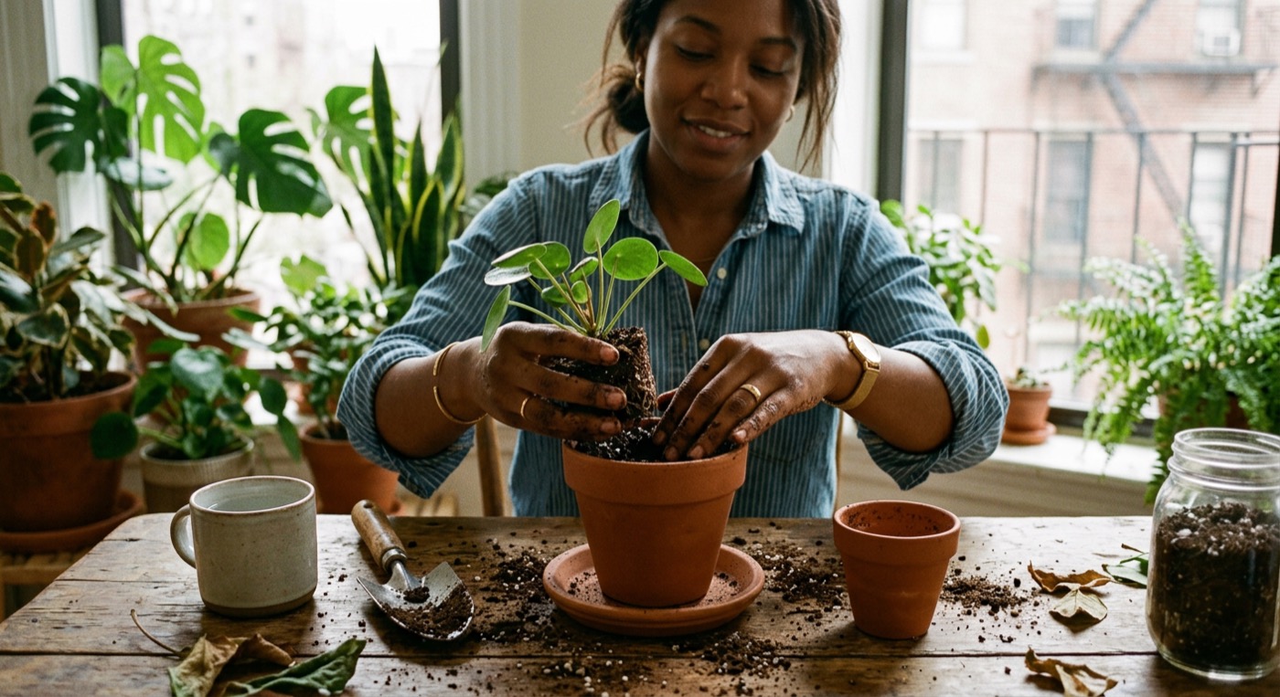 Warm brown hands repotting a small plant with afternoon light