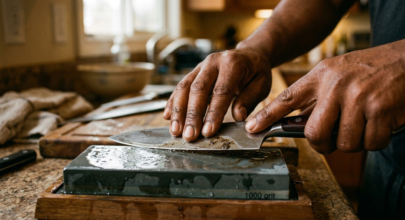 Hands sharpening a knife on a wet whetstone