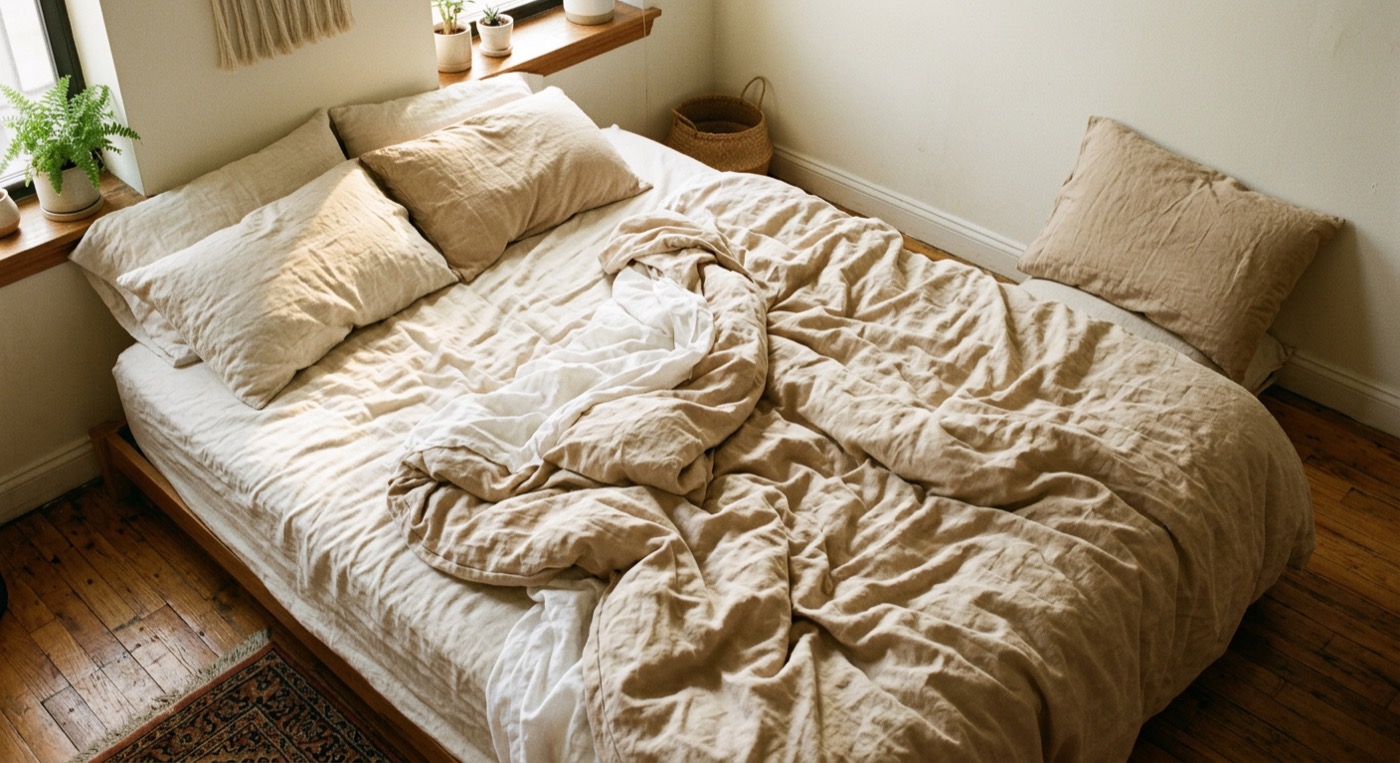 Unmade bed with soft linen sheets in warm morning light