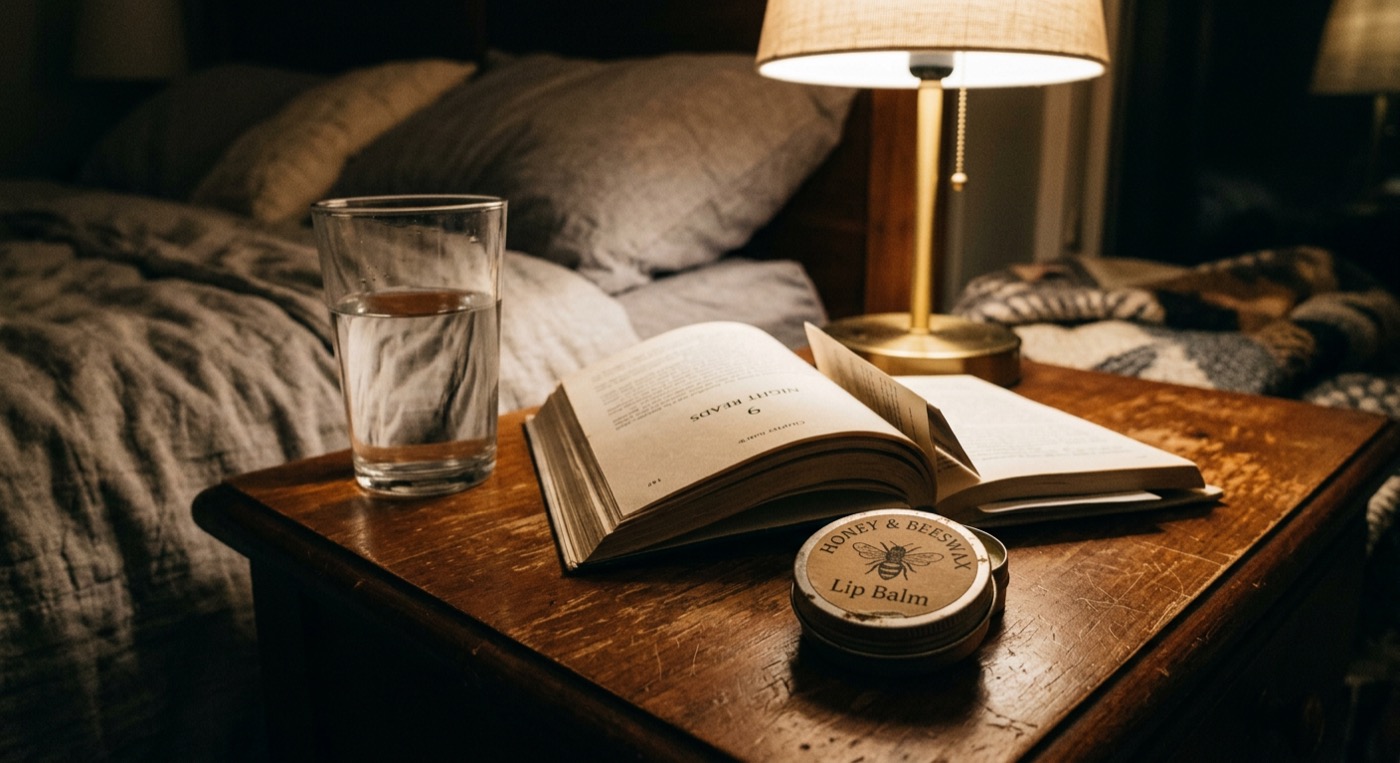 A lip balm tin on a bedside table next to a half-read book and a glass of water in lamp light