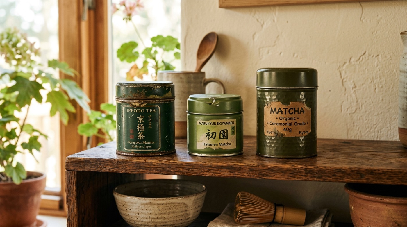 Three matcha tins lined up on a kitchen shelf in warm afternoon light