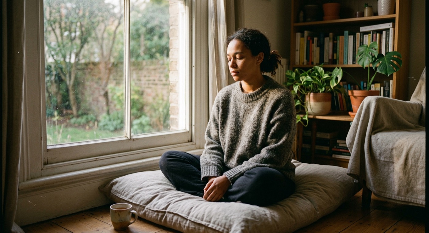 Person with warm brown skin sitting cross-legged near a window in morning light
