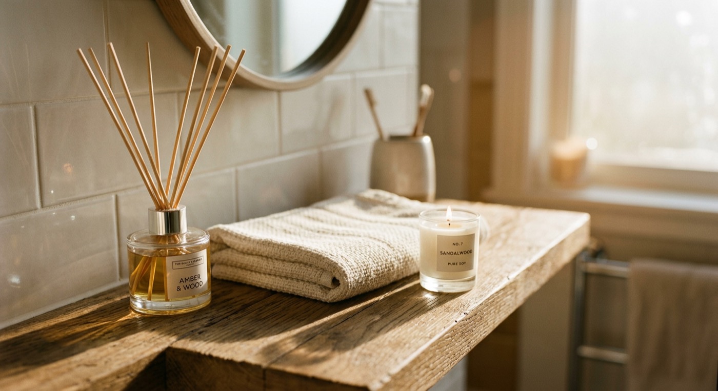 A reed diffuser on a bathroom shelf next to a candle in afternoon light