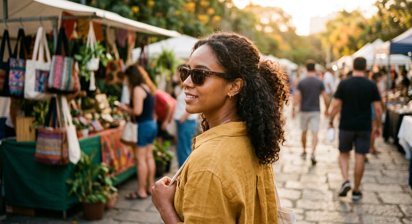 Someone with warm brown skin wearing sunglasses in warm outdoor light