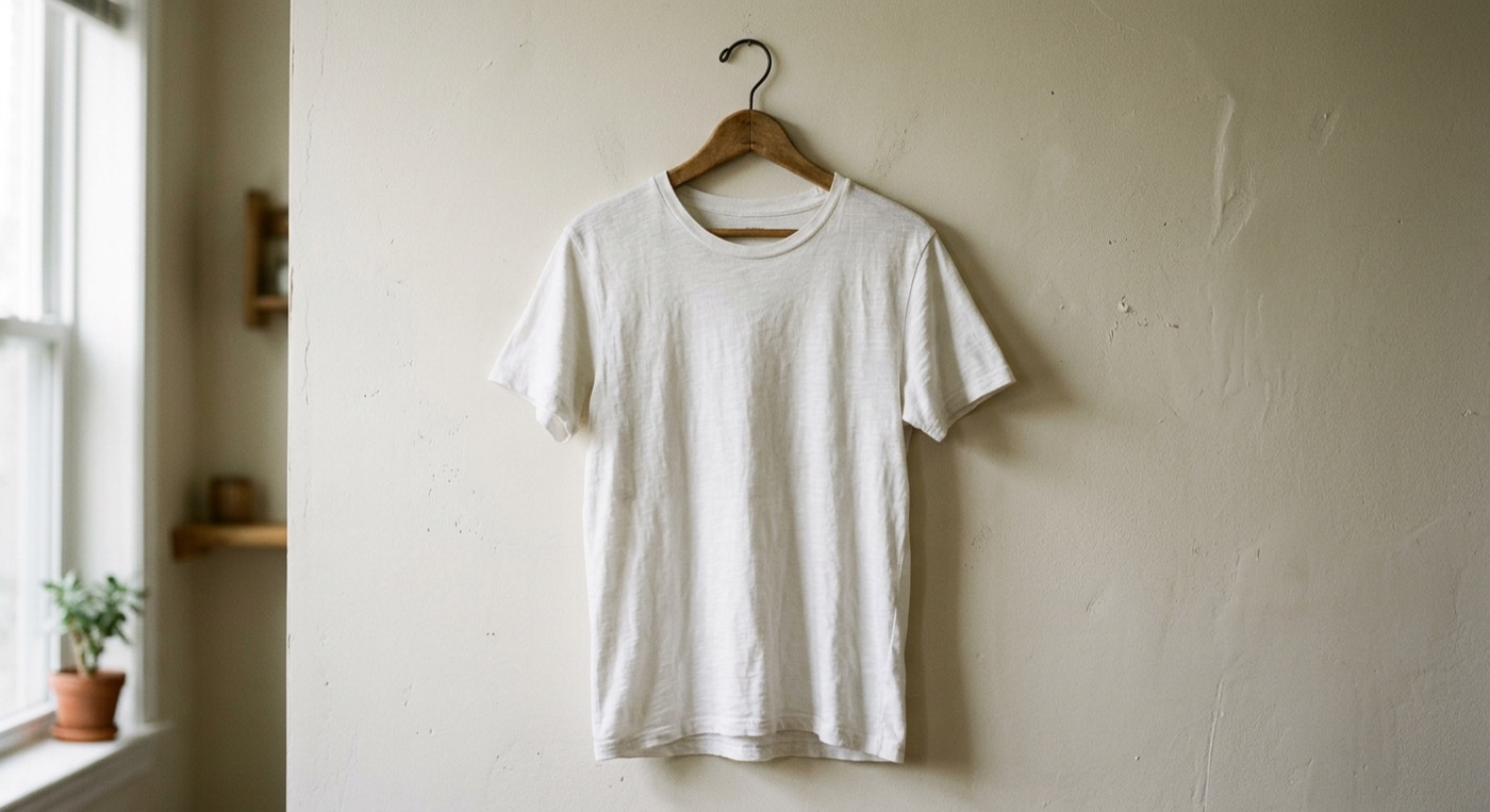 A white t-shirt on a wooden hanger in morning light