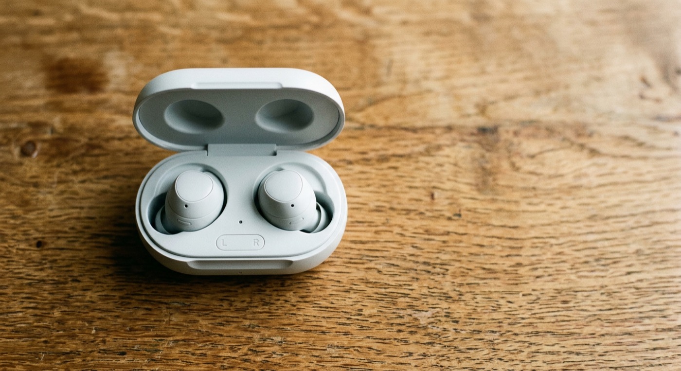 Wireless earbuds in their case on a wooden surface in morning light